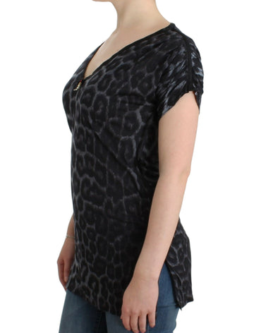 Cavalli Graues Leoparden-Top mit V-Ausschnitt