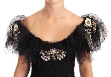 Dolce &amp; Gabbana Schwarzes Ballkleid mit Blumenspitze und Kristallen