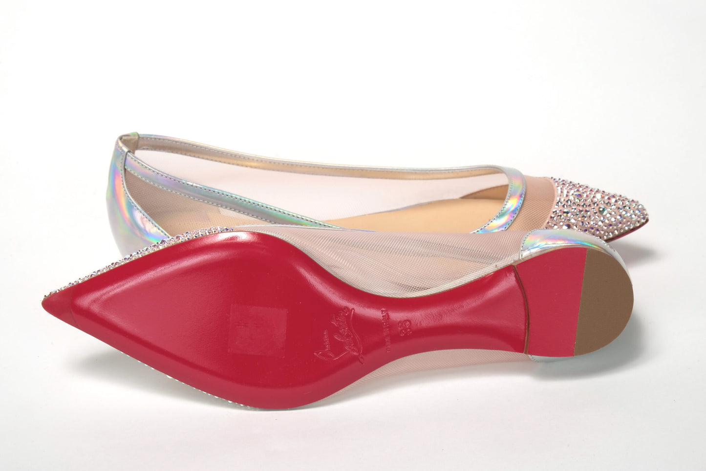 Christian Louboutin Silver Rose Flat Point Crystals Zehenschuh