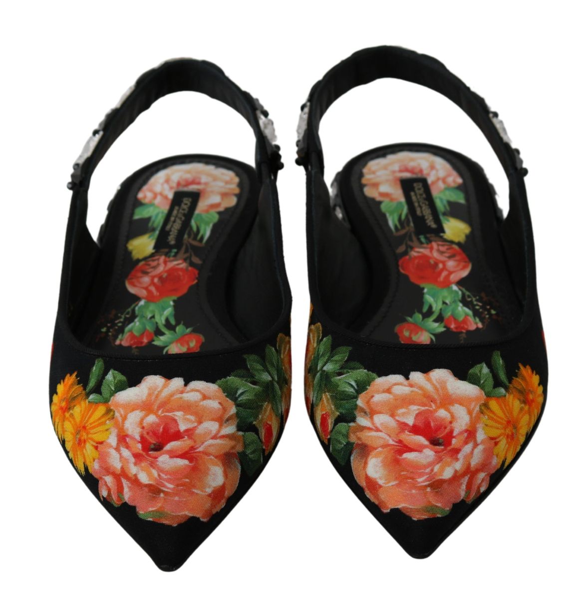 Dolce &amp; Gabbana Schwarze, florale Slingback-Schuhe mit Kristallen