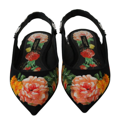 Dolce &amp; Gabbana Schwarze, florale Slingback-Schuhe mit Kristallen