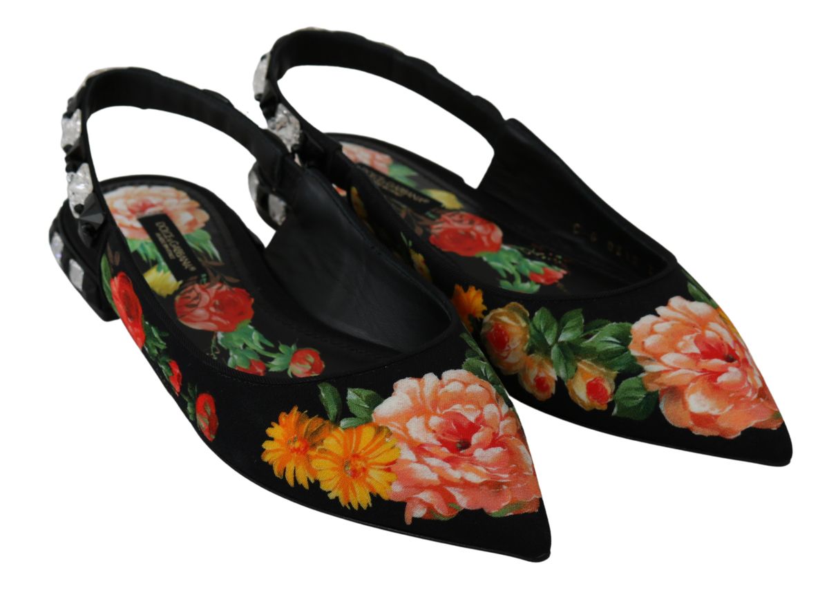 Dolce &amp; Gabbana Schwarze, florale Slingback-Schuhe mit Kristallen