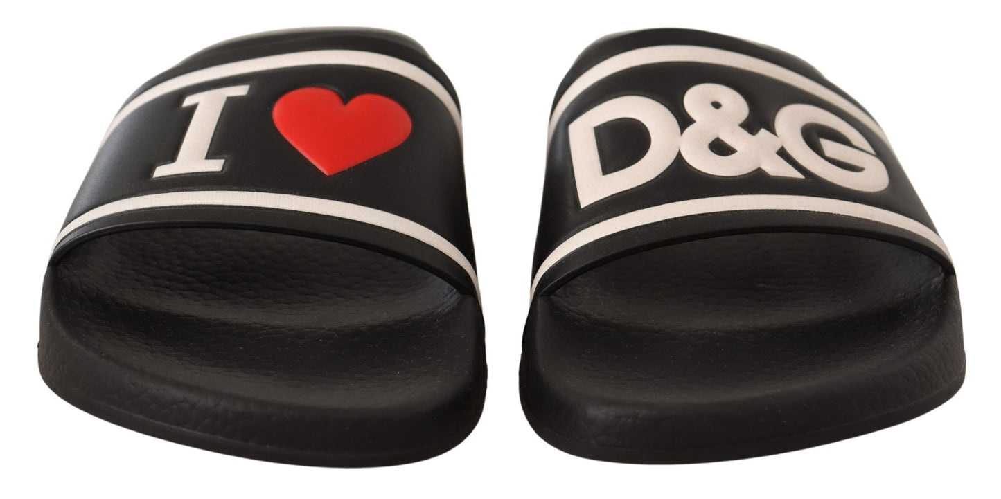 Dolce &amp; Gabbana I Love D&amp;G Slides-Sandalen aus schwarzem Leder