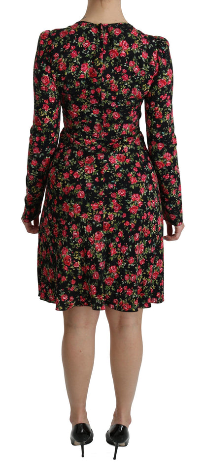 Dolce &amp; Gabbana Schwarzes, langärmeliges, knielanges Kleid mit Blumenmuster