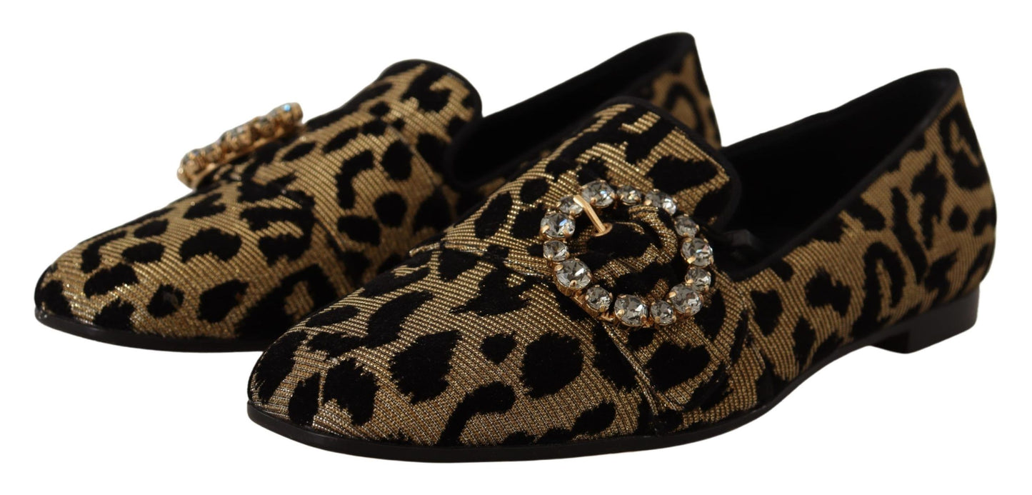 Dolce &amp; Gabbana goldene Loafers mit Leopardenmuster und Kristallen