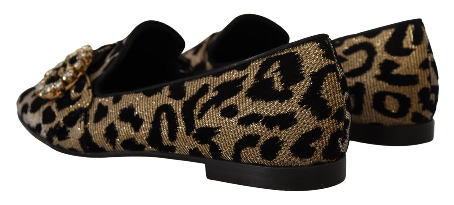 Dolce &amp; Gabbana goldene Loafers mit Leopardenmuster und Kristallen