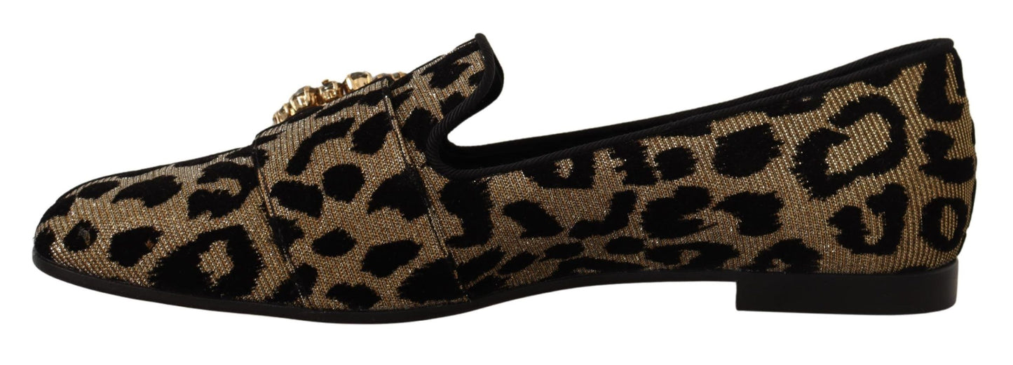 Dolce &amp; Gabbana goldene Loafers mit Leopardenmuster und Kristallen