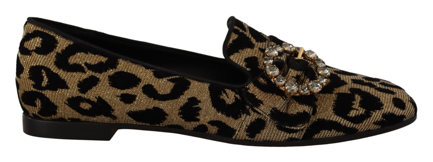 Dolce &amp; Gabbana goldene Loafers mit Leopardenmuster und Kristallen