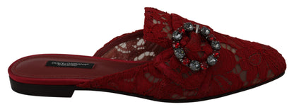 Dolce &amp; Gabbana Rote Spitze Kristall Slide On Flats Schuhe