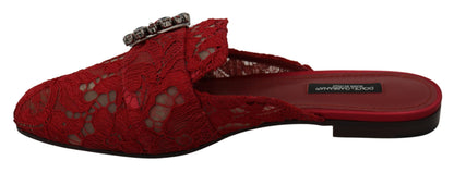 Dolce &amp; Gabbana Rote Spitze Kristall Slide On Flats Schuhe