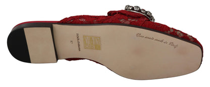 Dolce &amp; Gabbana Rote Spitze Kristall Slide On Flats Schuhe