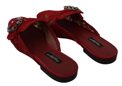 Dolce &amp; Gabbana Rote Spitze Kristall Slide On Flats Schuhe