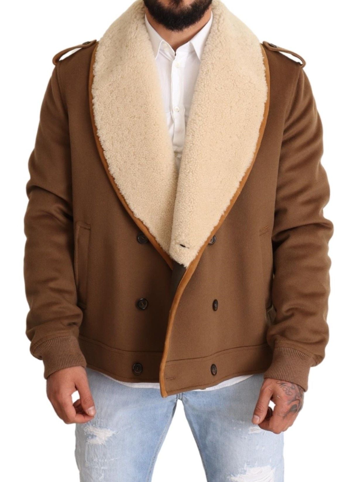 Dolce &amp; Gabbana Braune zweireihige Shearling-Manteljacke