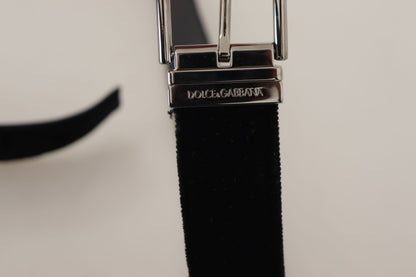 Dolce &amp; Gabbana Schwarzer Samtgürtel mit silberner Logo-Gravur und Metallschnalle