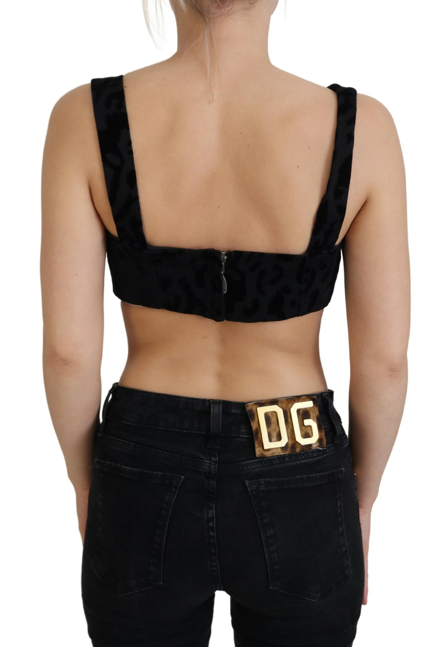 Dolce &amp; Gabbana Schwarzes, kurzes Bustier-Korsett-BH-Oberteil mit Leopardenmuster