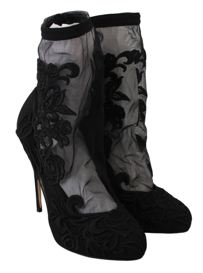 Dolce &amp; Gabbana Black Roses Stilettos Booties Socken Schuhe