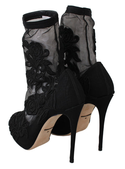 Dolce &amp; Gabbana Black Roses Stilettos Booties Socken Schuhe