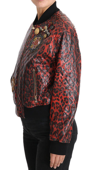 Dolce &amp; Gabbana Rote Lederjacke mit Leopardenknöpfen und Kristallen