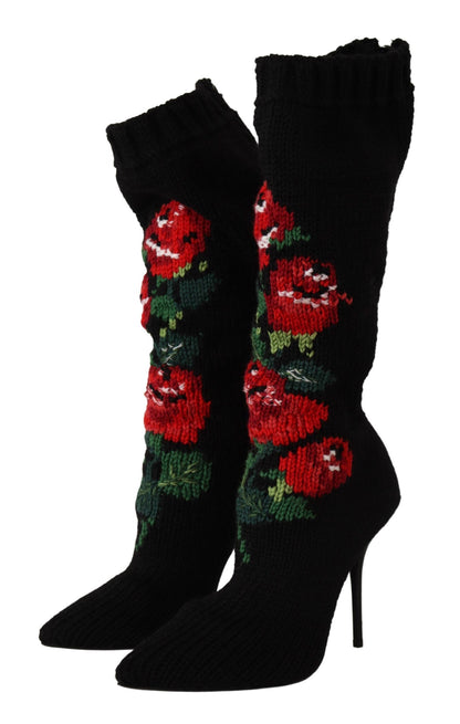 Dolce &amp; Gabbana schwarze Stretch-Socken, rote Rosen, Stiefeletten, Schuhe