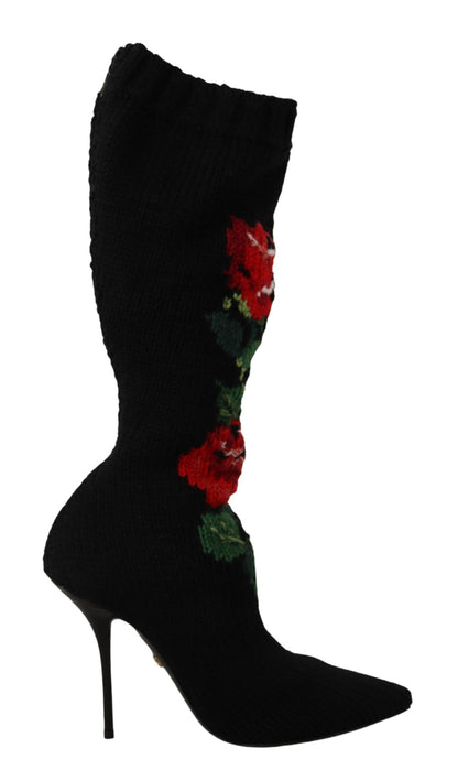 Dolce &amp; Gabbana schwarze Stretch-Socken, rote Rosen, Stiefeletten, Schuhe