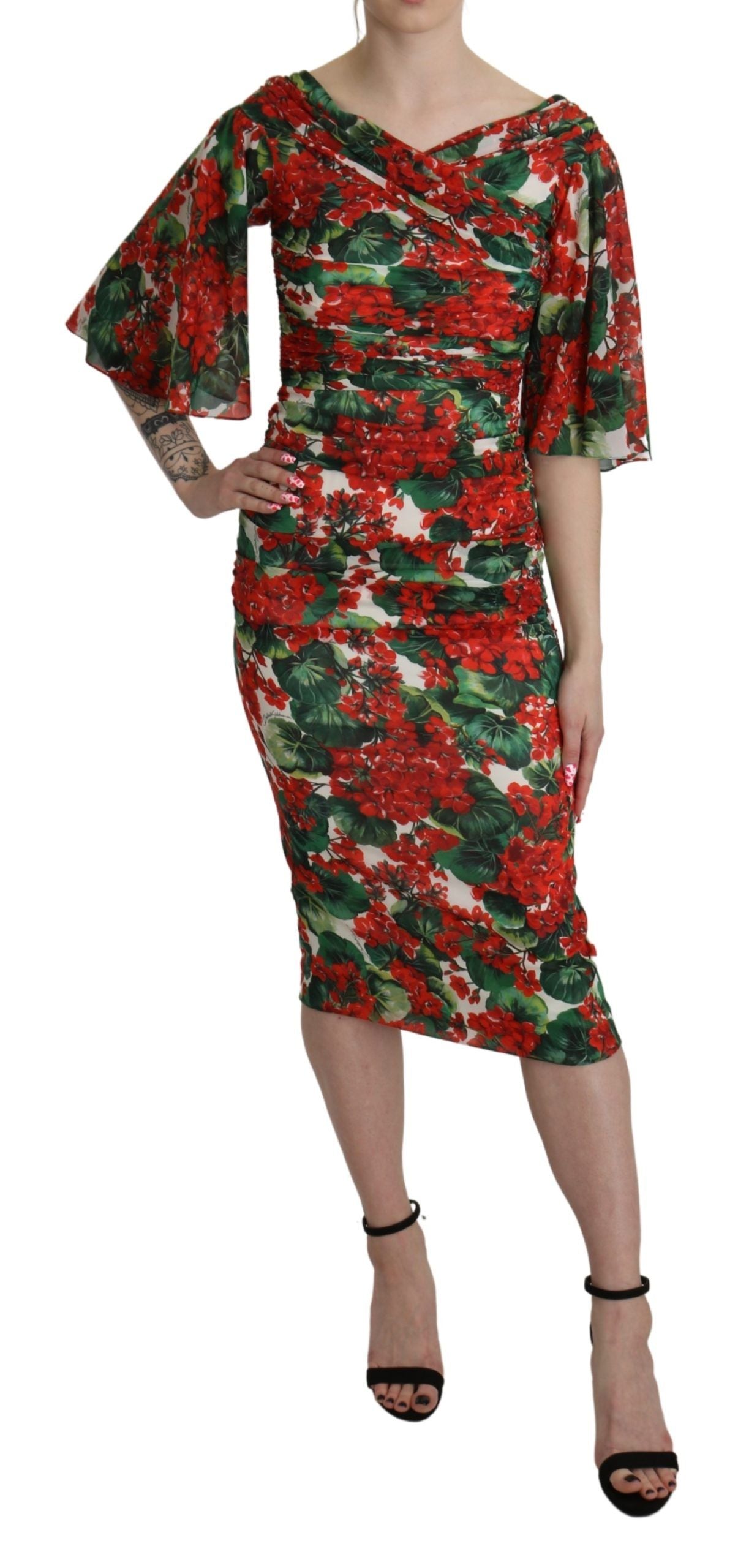 Dolce &amp; Gabbana Rotes Blumen-Etui-Midi-Stretchkleid aus Seide