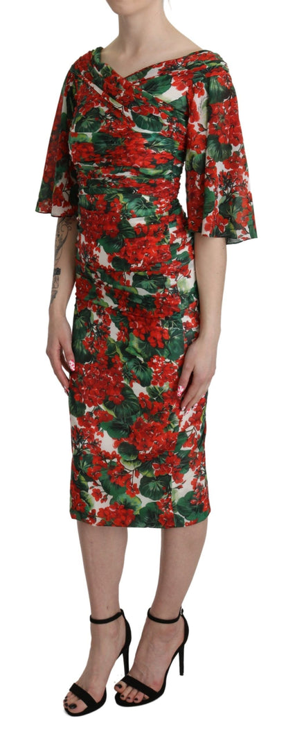 Dolce &amp; Gabbana Rotes Blumen-Etui-Midi-Stretchkleid aus Seide