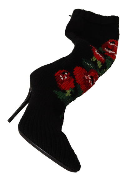 Dolce &amp; Gabbana schwarze Stretch-Socken, rote Rosen, Stiefeletten, Schuhe