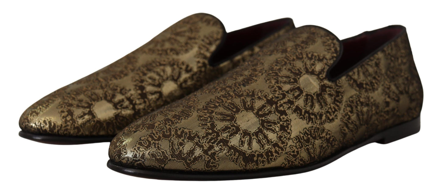 Dolce &amp; Gabbana Gold Jacquard Flats Herren-Loafer-Schuhe