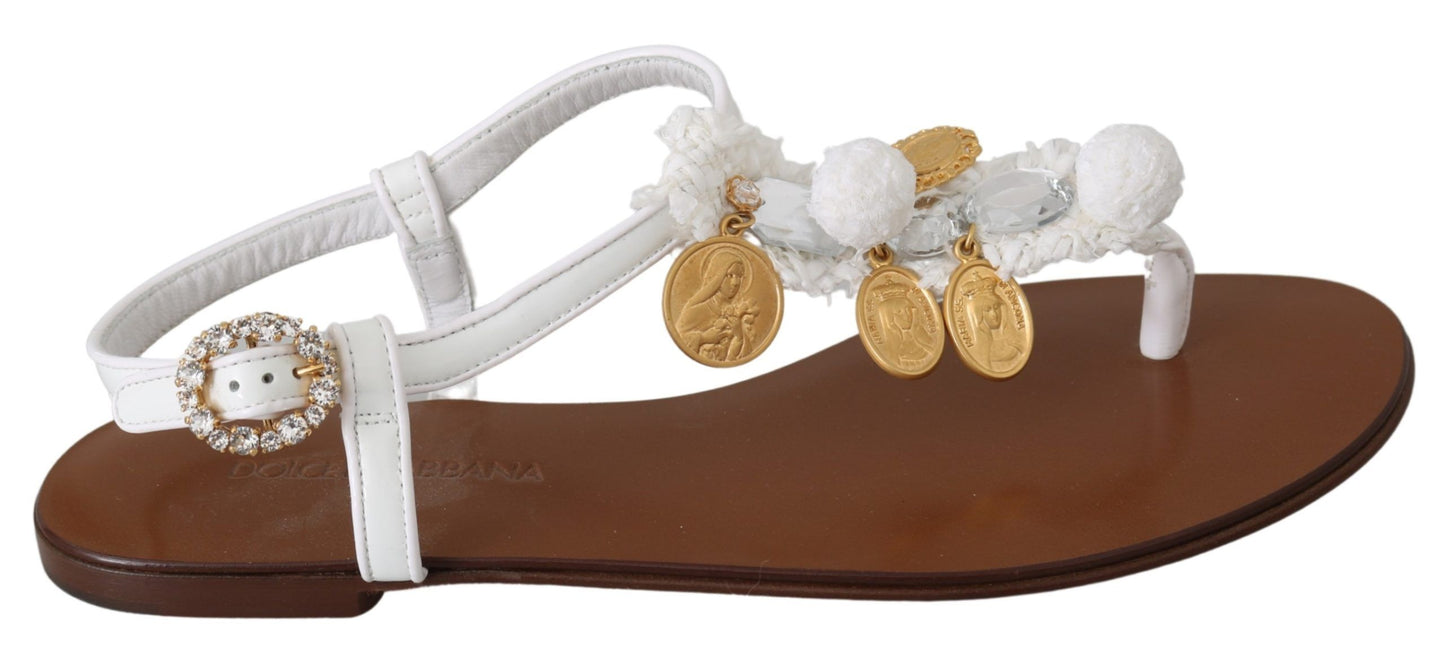 Dolce &amp; Gabbana Weiße Ledermünzen Flip Flops Sandalen Schuhe