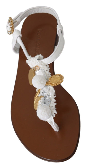 Dolce &amp; Gabbana Weiße Ledermünzen Flip Flops Sandalen Schuhe