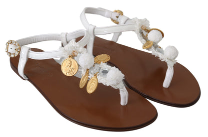 Dolce &amp; Gabbana Weiße Ledermünzen Flip Flops Sandalen Schuhe