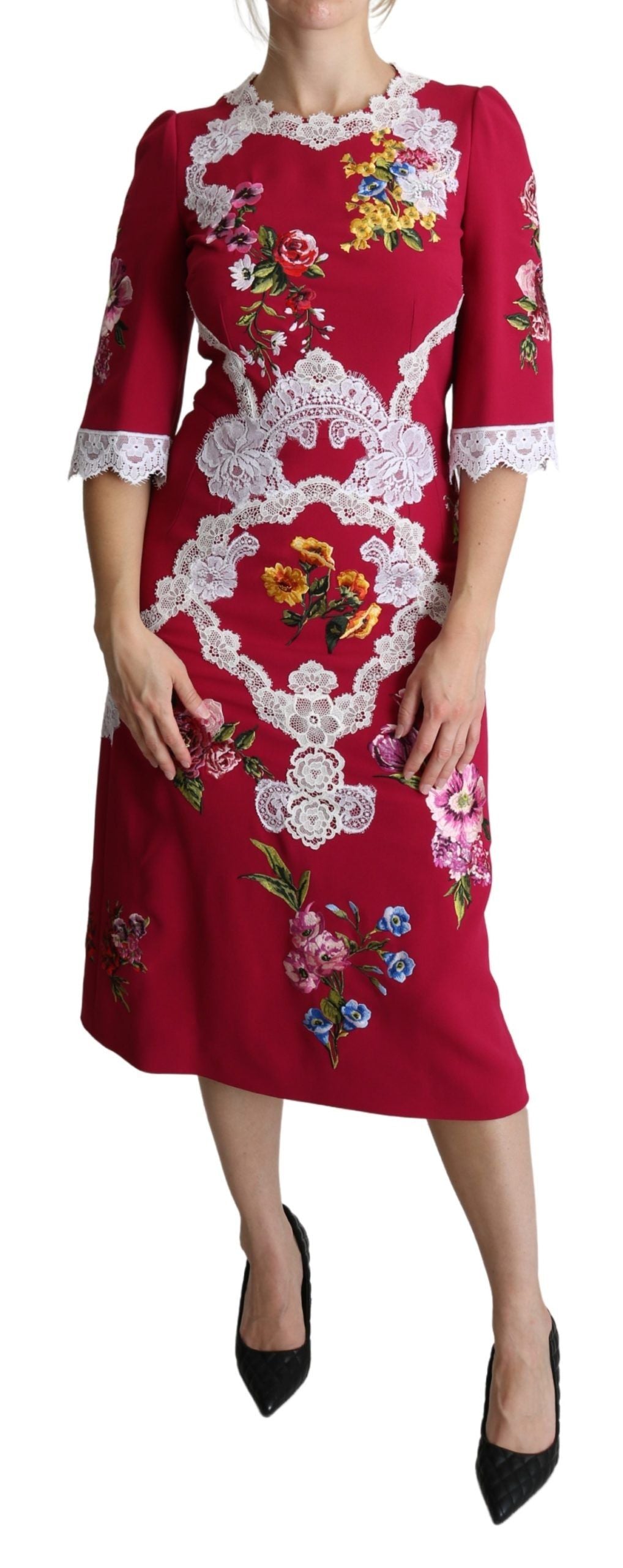 Dolce &amp; Gabbana Rotes, mit Blumen besticktes Etui-Midikleid