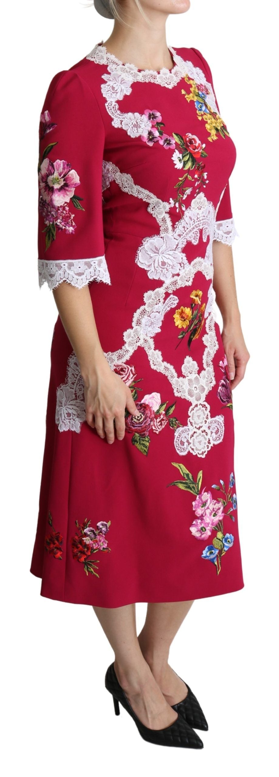 Dolce &amp; Gabbana Rotes, mit Blumen besticktes Etui-Midikleid