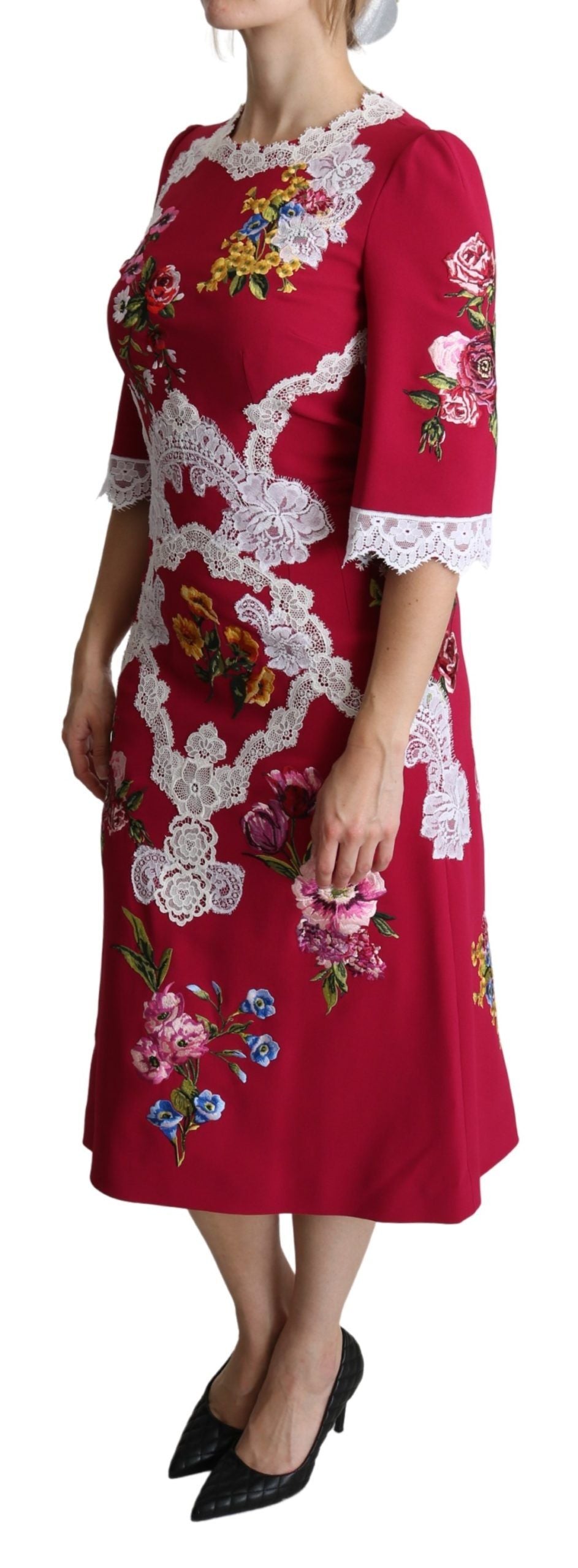 Dolce &amp; Gabbana Rotes, mit Blumen besticktes Etui-Midikleid