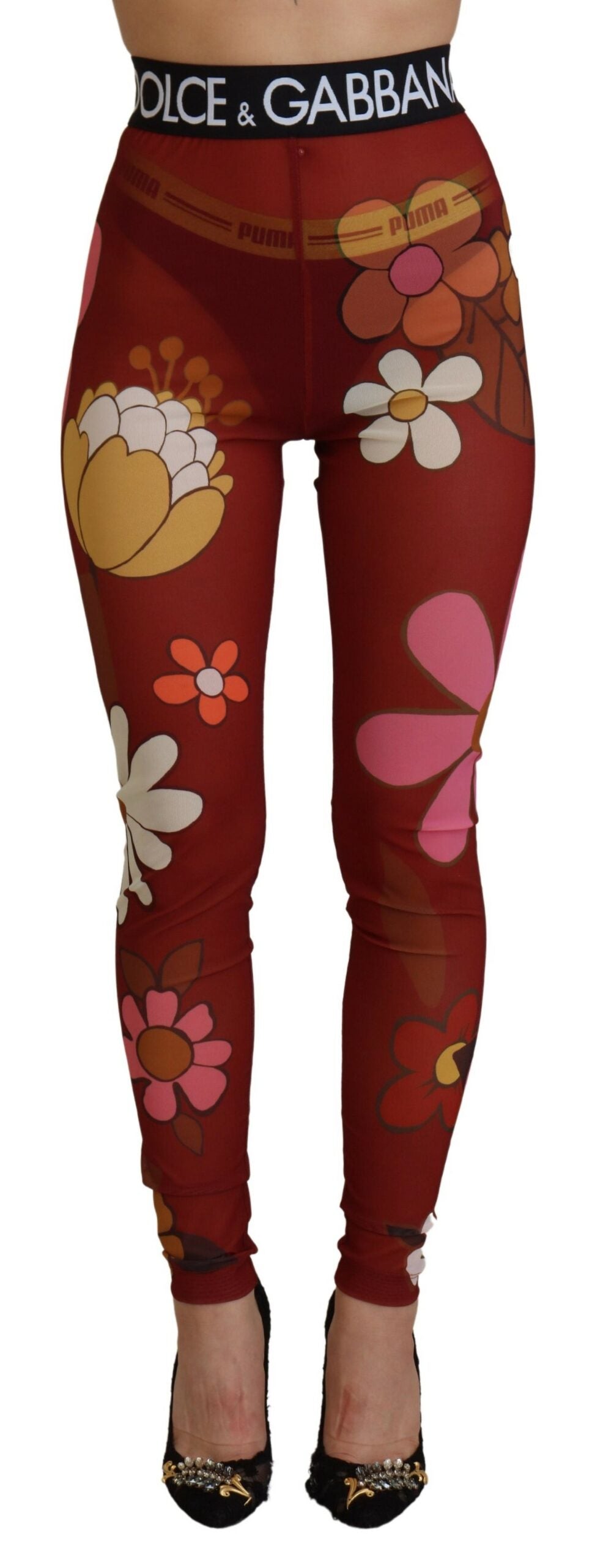 Dolce &amp; Gabbana Rote Blumen-Leggings mit Stretch-Taille