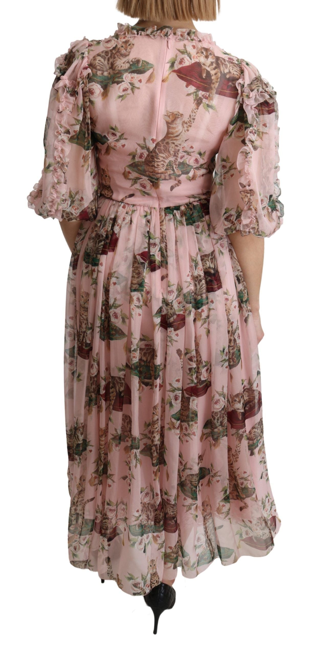 Dolce &amp; Gabbana Rosa A-Linien-Maxi-Seidenkleid mit Bengalkatzen-Print