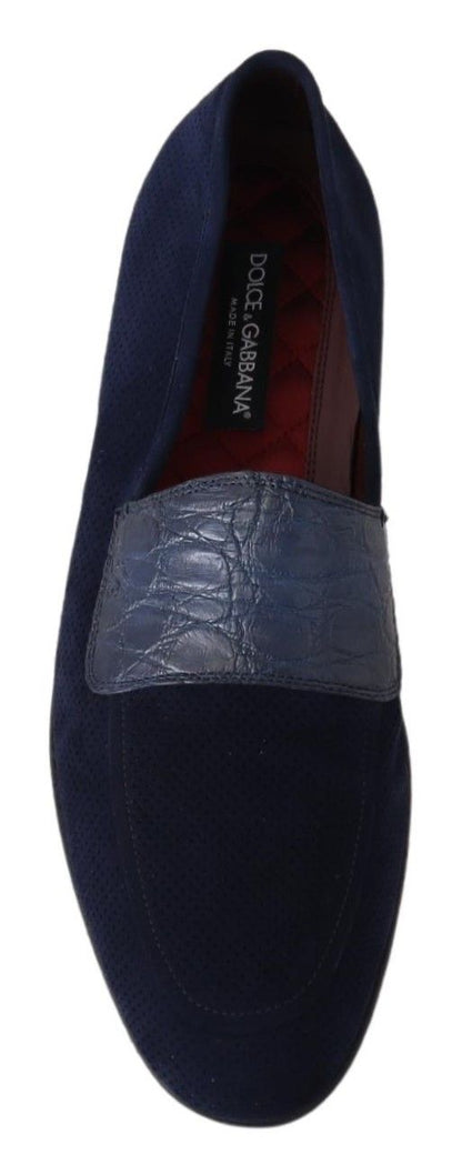 Dolce &amp; Gabbana Blaue Wildleder-Caiman-Slipper-Hausschuhe