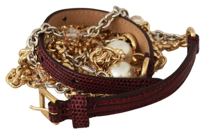 Dolce &amp; Gabbana Taillengürtel aus lilafarbenem Leder mit goldener Kette und Kristallen