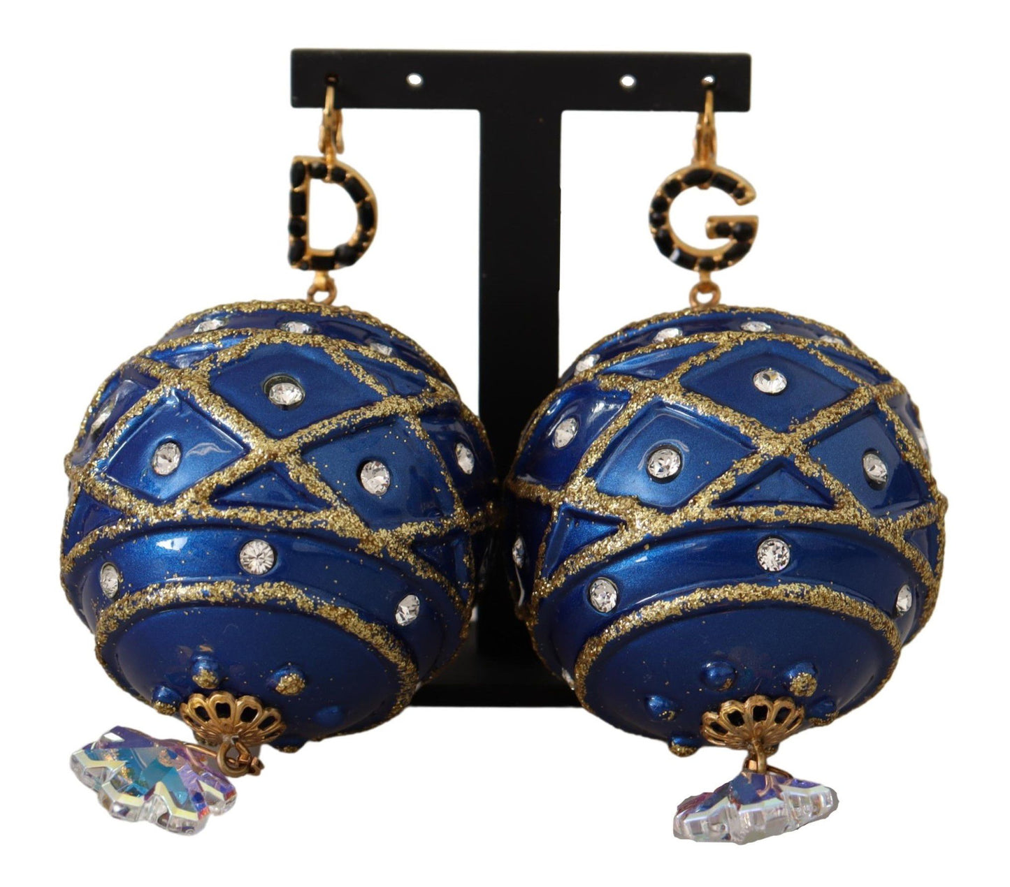 Dolce &amp; Gabbana Blaue Weihnachtskugel-Kristallhaken-Ohrringe aus Goldmessing