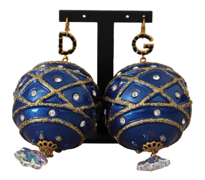 Dolce &amp; Gabbana Blaue Weihnachtskugel-Kristallhaken-Ohrringe aus Goldmessing