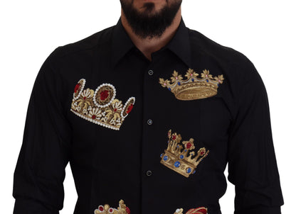 Dolce &amp; Gabbana – Schwarzgoldenes, formelles Hemd mit Krone in schmaler Passform