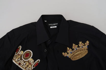 Dolce &amp; Gabbana – Schwarzgoldenes, formelles Hemd mit Krone in schmaler Passform