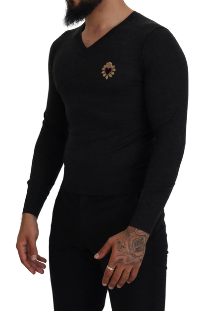 Dolce & Gabbana V-Neck Cashmere Sweater with Heart Embroidery