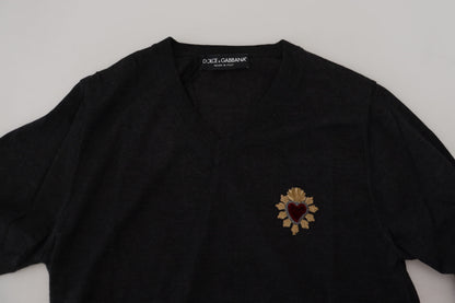 Dolce &amp; Gabbana Grauer Kaschmir-Pullover mit V-Ausschnitt und goldenem Herz