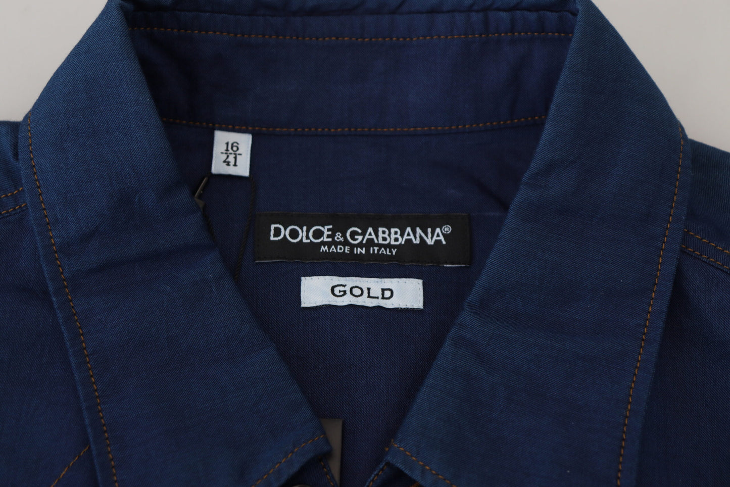 Dolce &amp; Gabbana Blaues Denim-Baumwoll-Slim-Fit-GOLD-Hemd