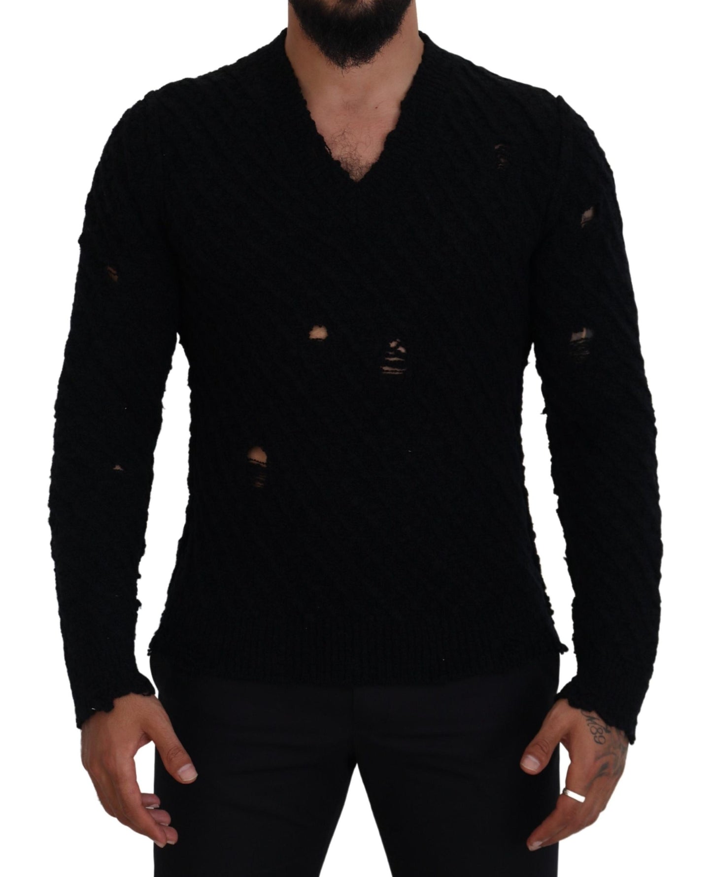 Dolce &amp; Gabbana Strickpullover aus schwarzer Wolle mit V-Ausschnitt