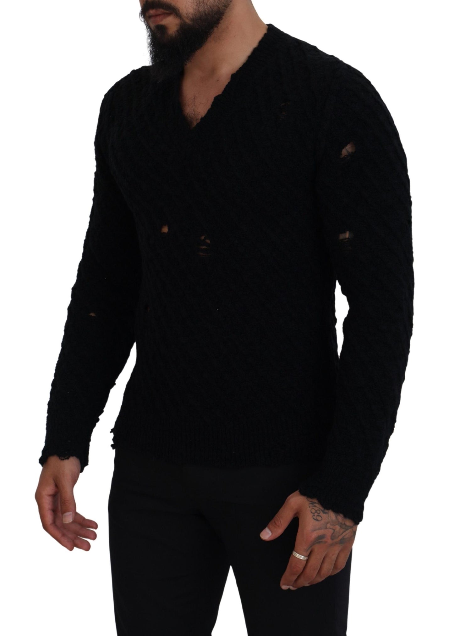 Dolce &amp; Gabbana Strickpullover aus schwarzer Wolle mit V-Ausschnitt