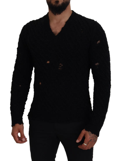 Dolce &amp; Gabbana Strickpullover aus schwarzer Wolle mit V-Ausschnitt