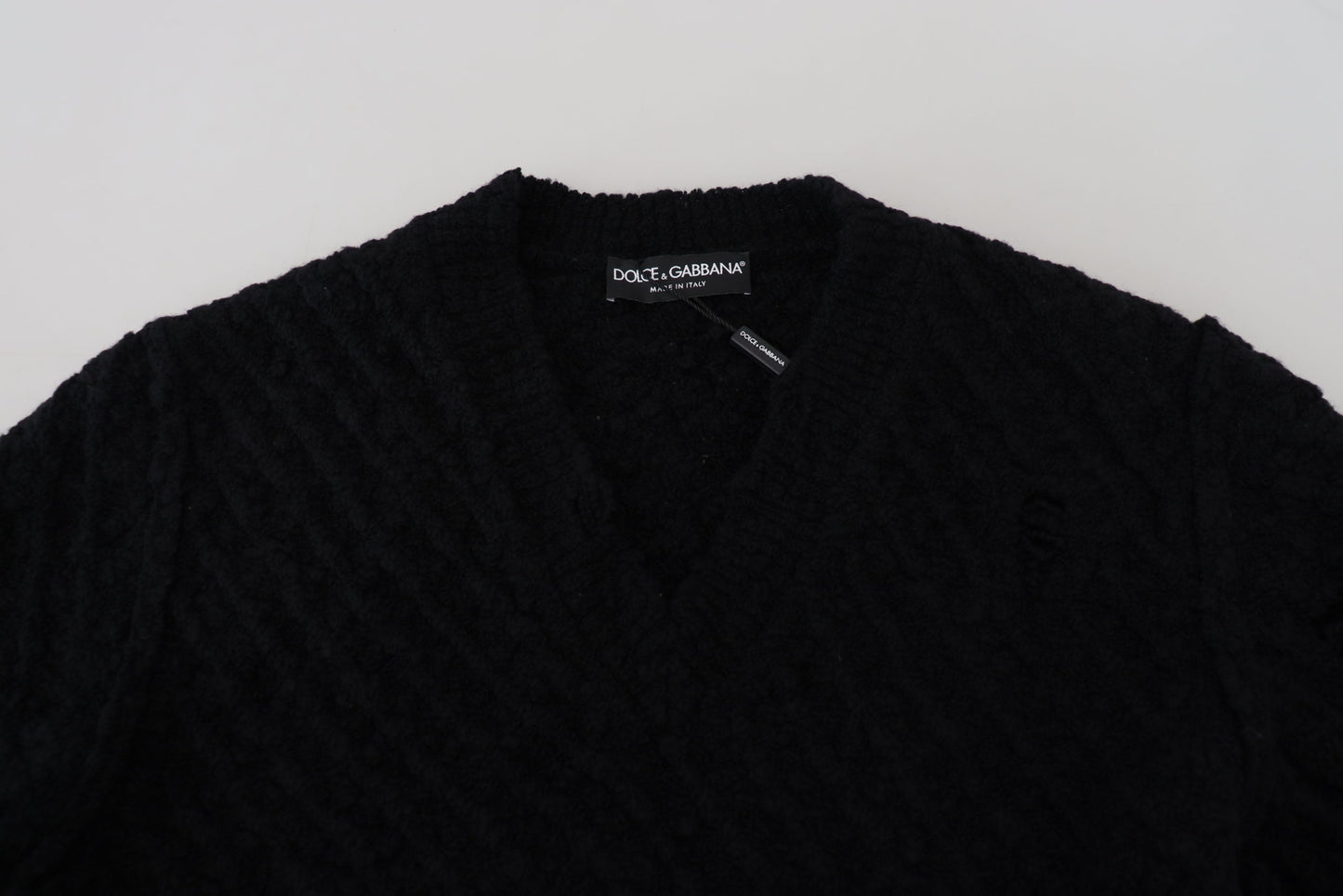 Dolce &amp; Gabbana Strickpullover aus schwarzer Wolle mit V-Ausschnitt