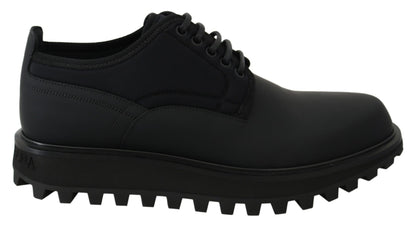 Dolce &amp; Gabbana Schwarze klobige Derby-Vulcano-Schuhe aus gummiertem Kalbsleder